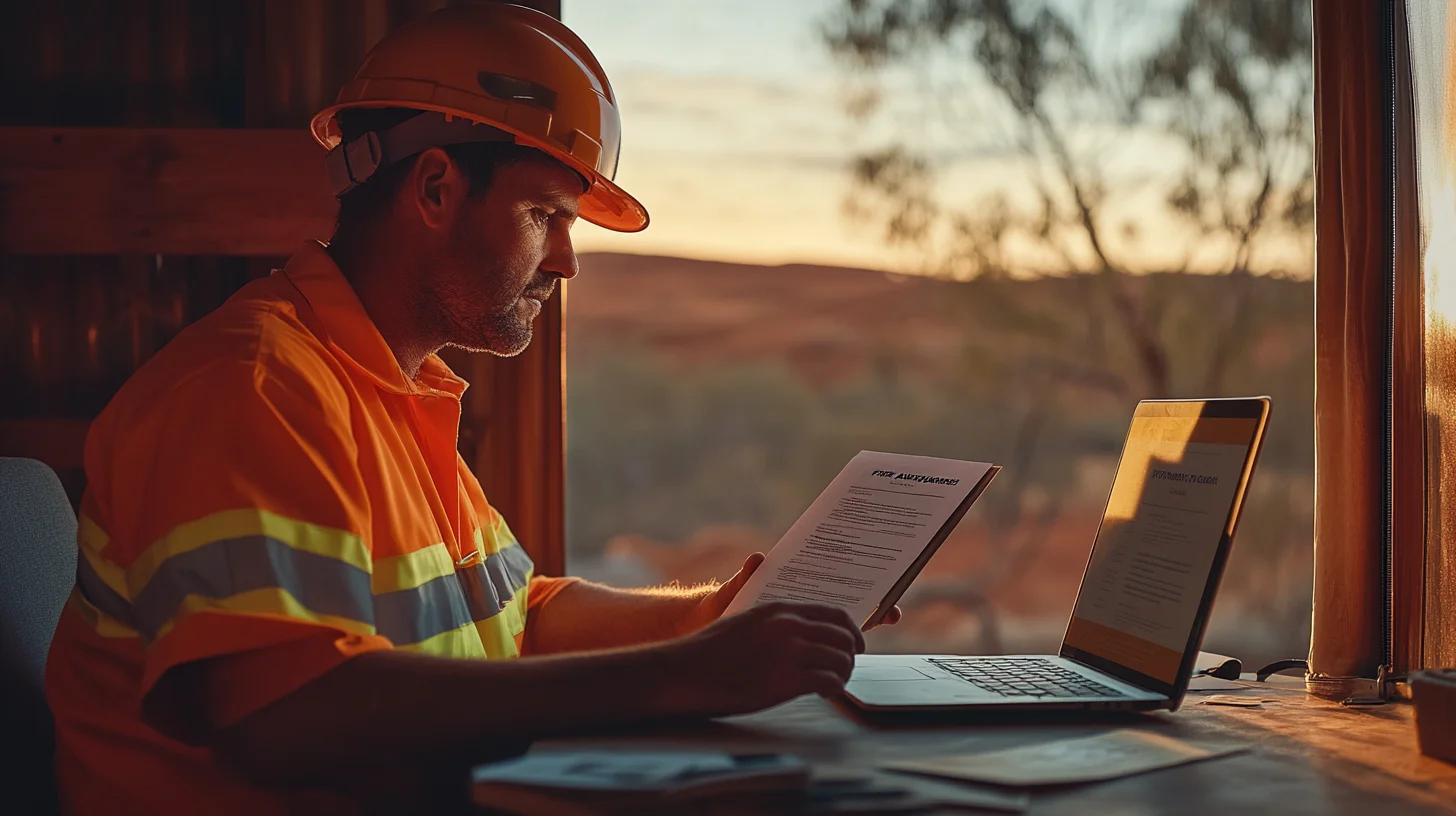 FIFO mining worker in hi-vis shirt and hard hat reviewing a printed resume beside a laptop at a camp-room desk at golden hour